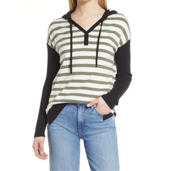 Caslon Long Sleeve Colorblock Hoodie Sweater, Black and Olive Green, Size S - Picture 2 of 7